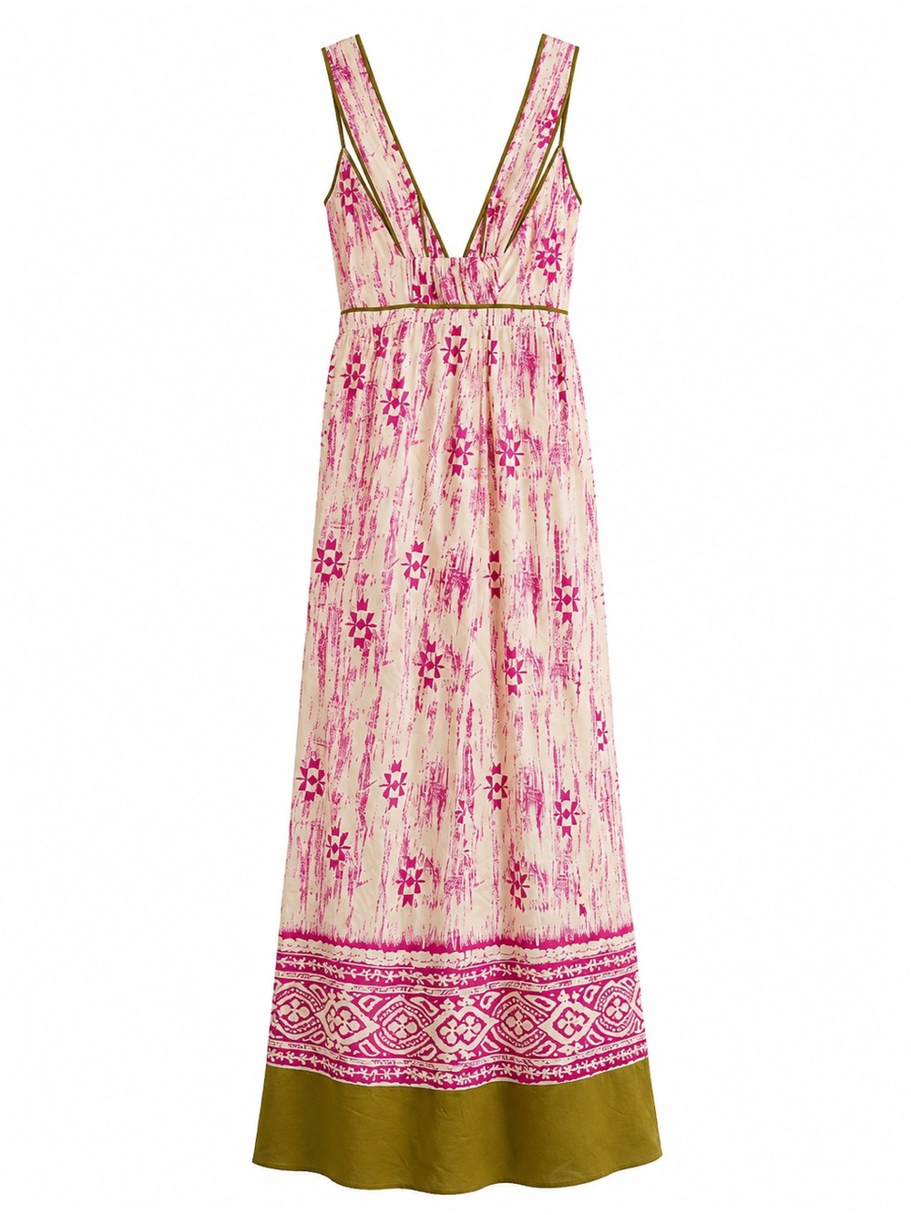 Ann Taylor Cream and Pink Printed V-Neck Maxi Dress with Olive Trim